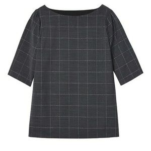 Plaid- Lurex Wool Blend- Boat Neck- 3/4 Sleeve